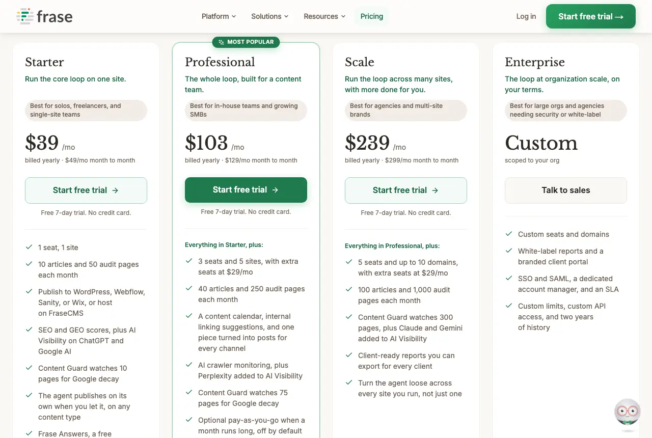 Frase's pricing page on 23 September 2026, showing yearly and month-to-month prices.