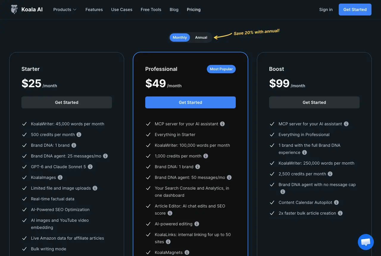 Koala AI's pricing page on 23 September 2026, monthly view.