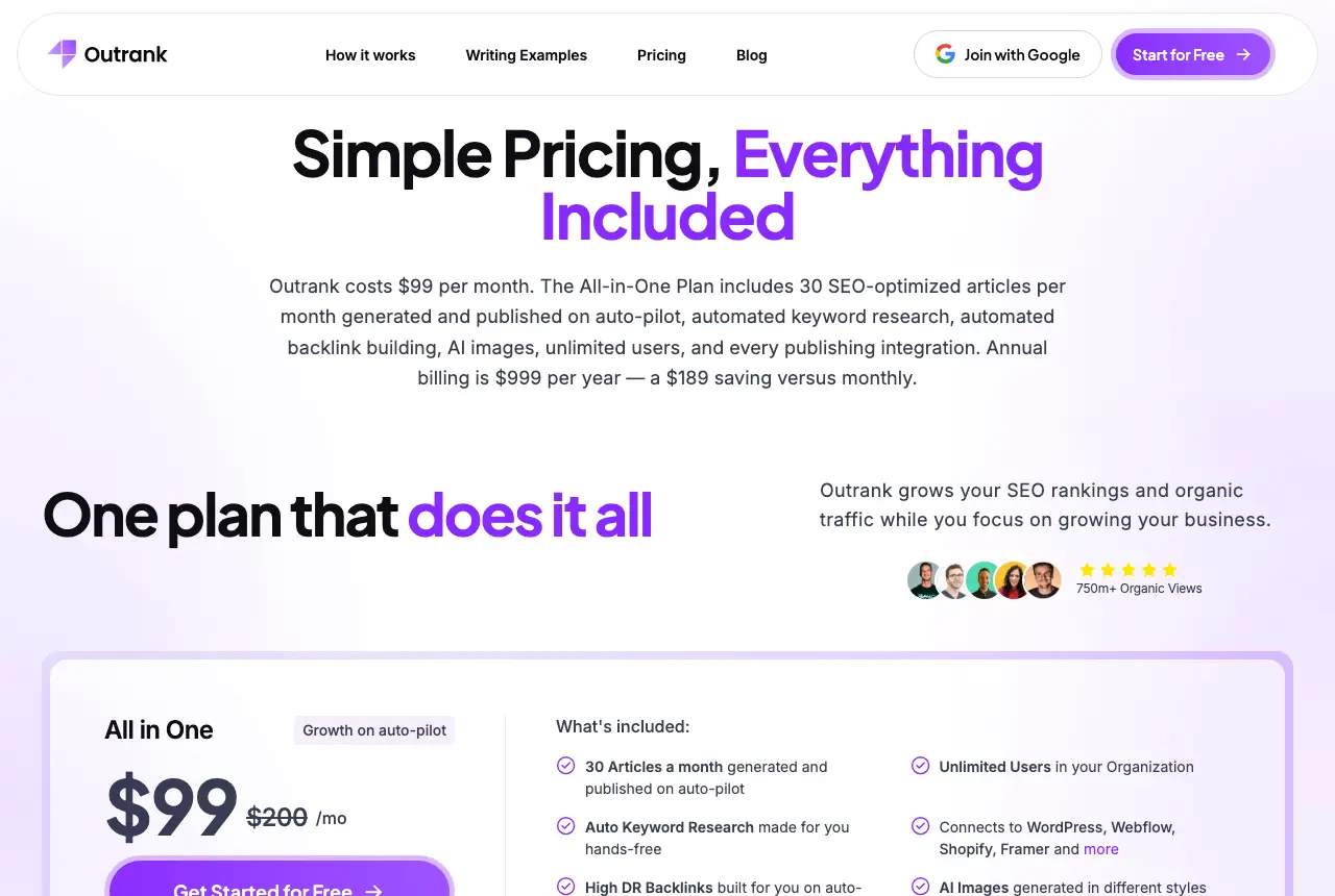 Outrank's pricing page on 23 September 2026: the All-in-One plan at $99 a month.