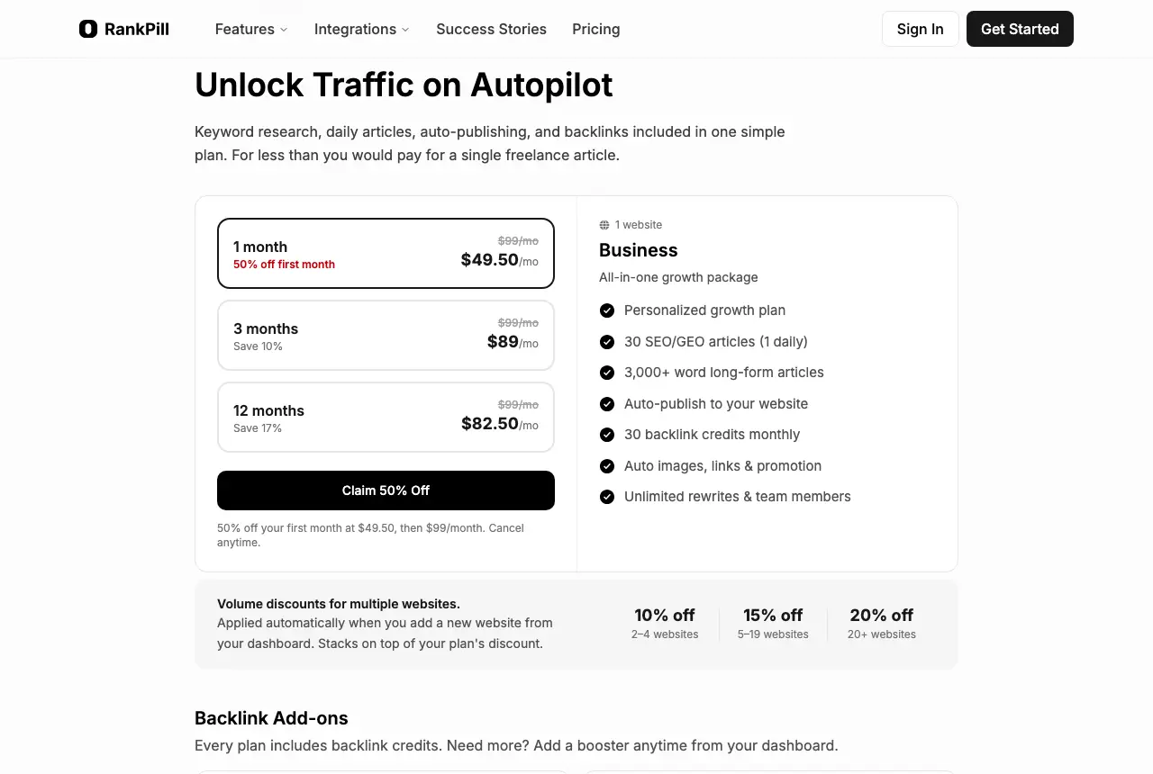 RankPill's pricing page on 23 September 2026: $99 a month, with 50% off the first month.