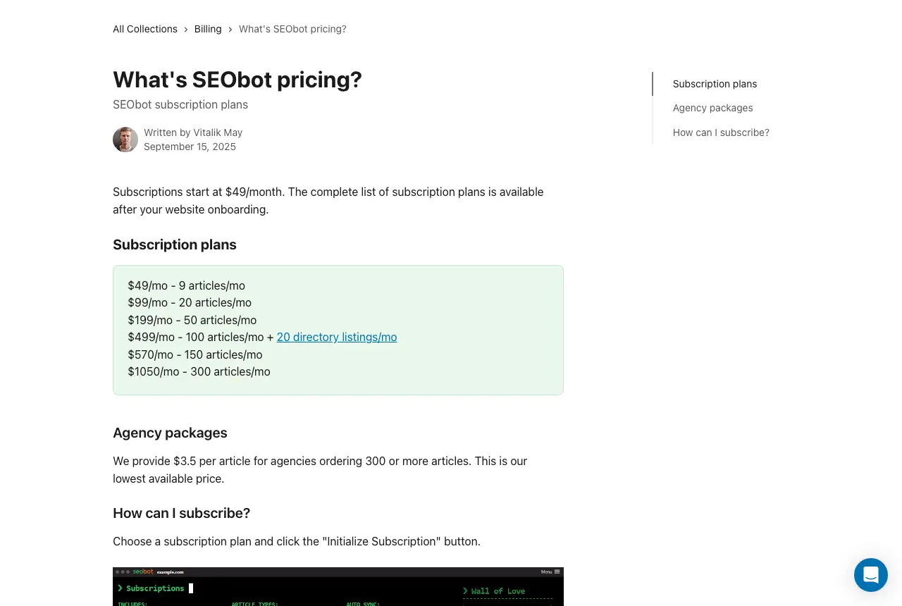 SEObot's plans, as listed in its help center on 23 September 2026.